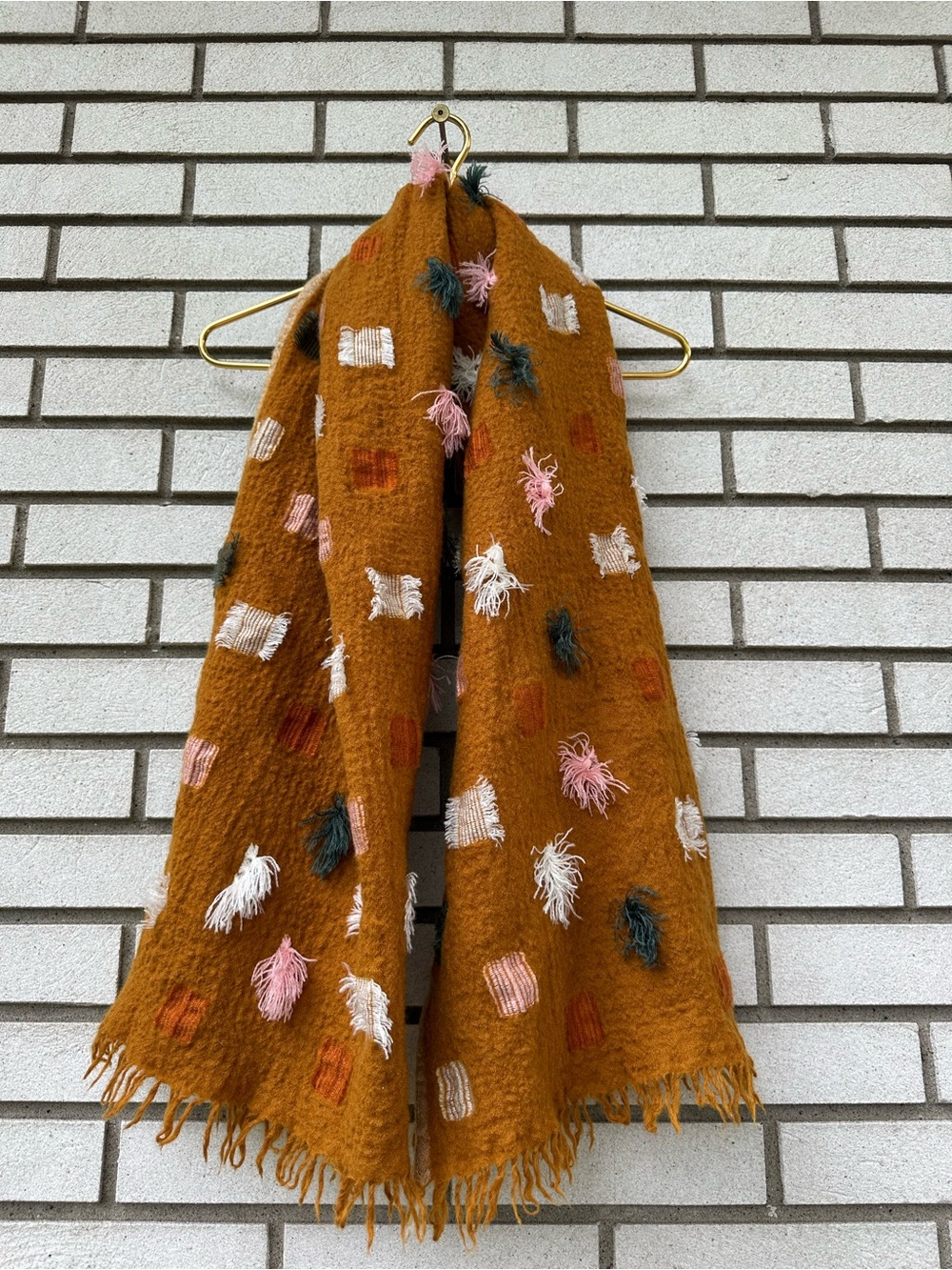 Madewell Wool Blend Textured Fringe Scarf Mustard Boho Artisan Pom Pom